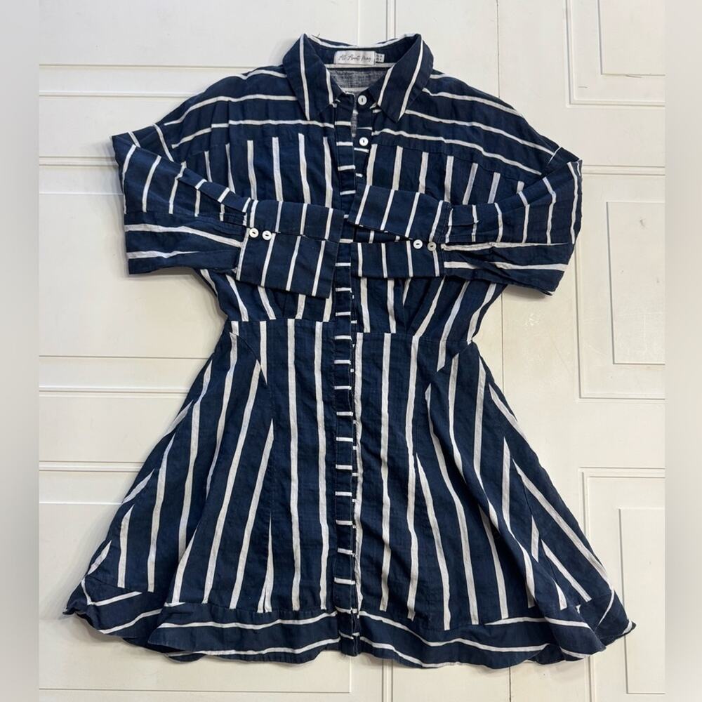All About May Womens Sz 4 Blue White Striped Button Up Long Sleeve Collar Dress